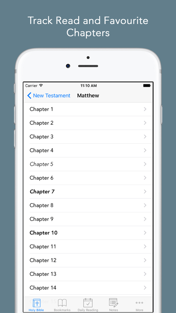 A screenshot of the Daily Bible app showing a list of chapters in the Book of Matthew with progress tracking