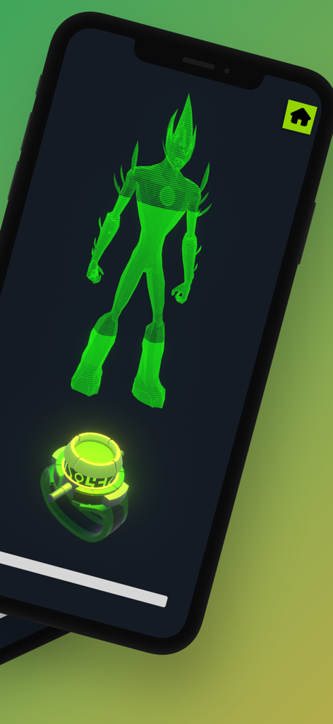Omni-Watch 3D: Watch Simulator - A 3D green alien hologram appearing above a glowing omnitrix watch on a smartphone screen