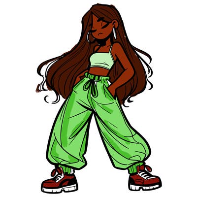 girl in baggy pants crop top and long hair