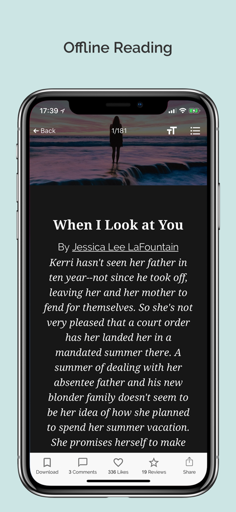 A mobile phone displaying the Inkitt app reading interface in dark mode highlighting the offline reading feature
