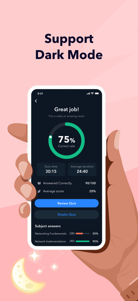 CISA Exam Prep 2026 - Smartphone screen displaying CISA Exam Prep 2026 in dark mode with quiz results and correct rate percentage