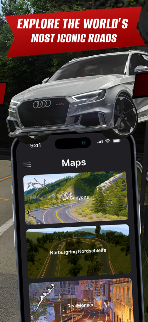 AssoRacing Assetto Corsa Mods - A smartphone showing the Maps section of the AssoRacing app with iconic racing tracks like Nürburgring and LA Canyons.