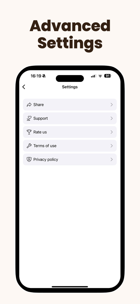 Pantalla de configuración de la aplicación Roomify que muestra opciones para compartir, soporte y política de privacidad