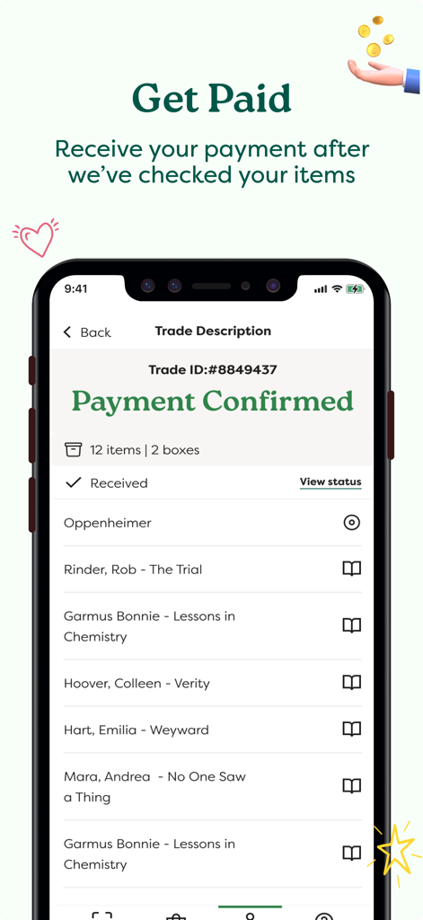 Mobile app screen showing a payment confirmation message and a detailed list of books sold.