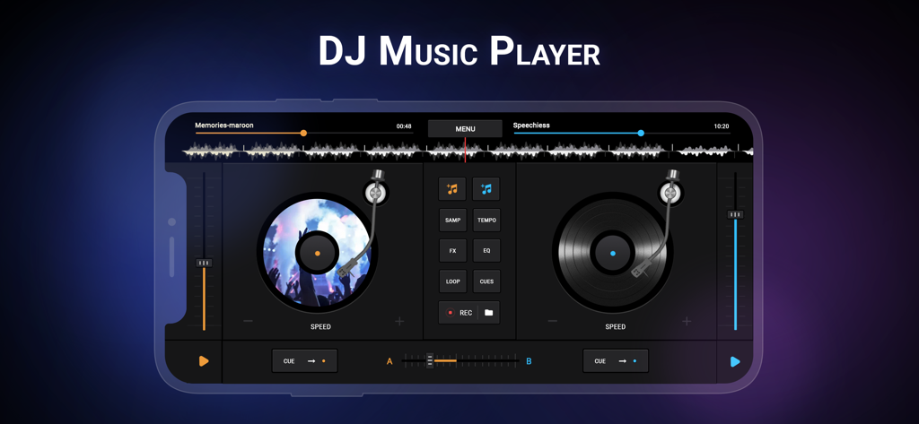 DJ Music Mixer - Dj Remix Pro - Interfaz de mezclador DJ virtual con dos tornamesas y controles de mezcla de audio en un smartphone