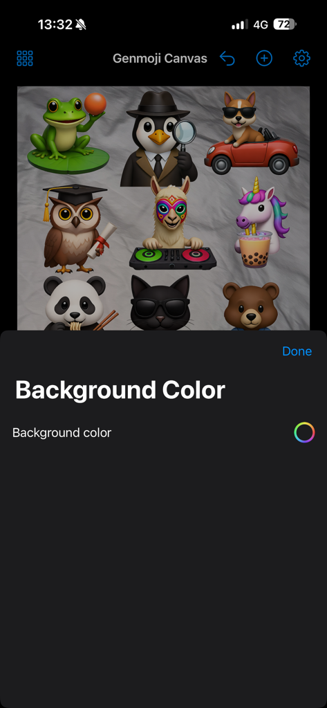 A screenshot of the Genmoji Studio Canvas interface showing a collection of 3D animal emojis on a workspace with a background color selection menu open.