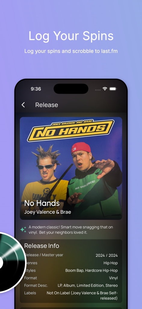 Spun It – Track & Share Spins - A screenshot of the Spun It app showing detailed vinyl release information and the option to log record spins.