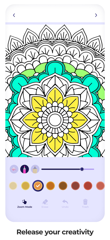 Mandalas coloring pages relax - A partially colored mandala in a mobile app interface with coloring tools and the text Release your creativity.