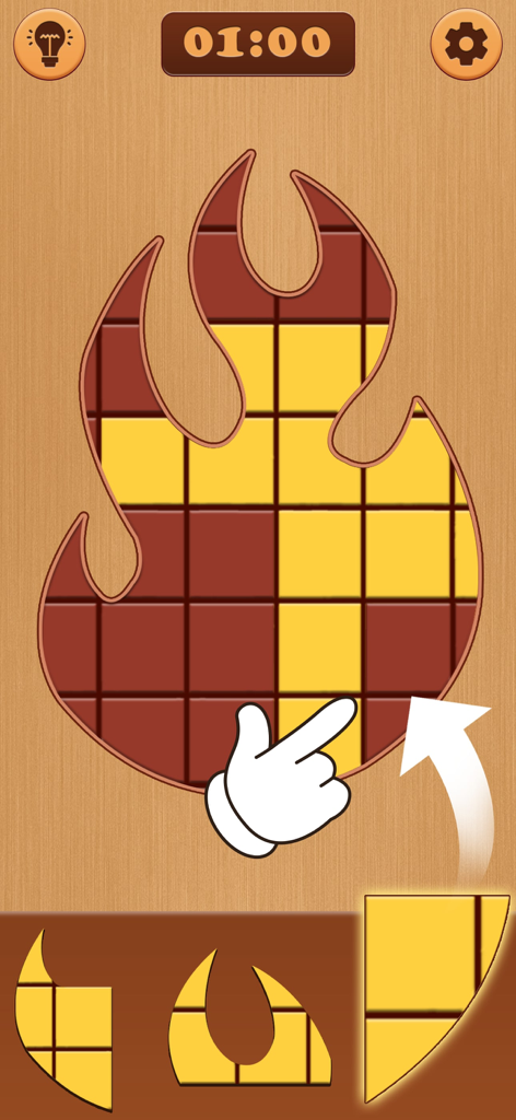 Build Up Tower Craft Games - Pantalla de juego de puzzle hiper casual con una cuadrícula de bloques con forma de llama y piezas coloridas