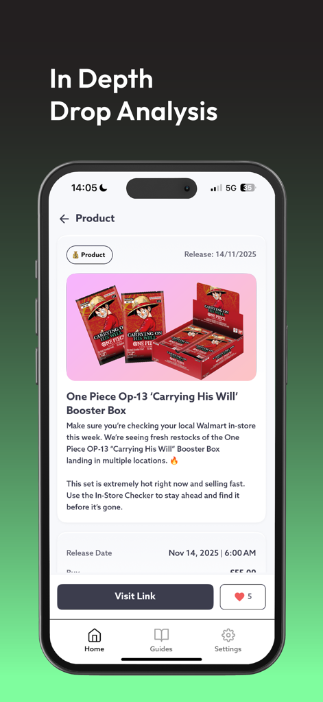 CCN: TCG & Collectible Alerts - Mobile App-Oberfläche mit detaillierter Drop-Analyse für eine One Piece Sammler-Boosterbox.