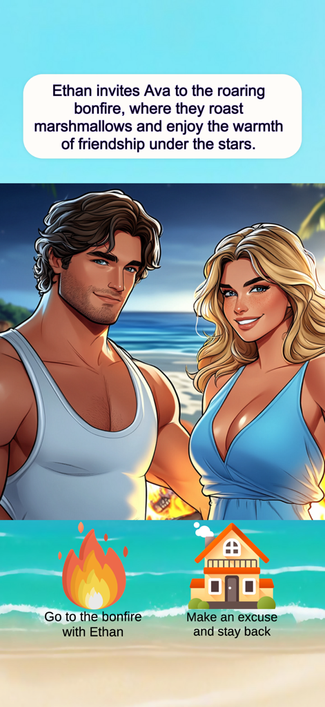 Love 60 Seconds - Love Story - Uma tela de escolha de romance em Love 60 Seconds com os personagens Ethan e Ava na praia com opções de história.