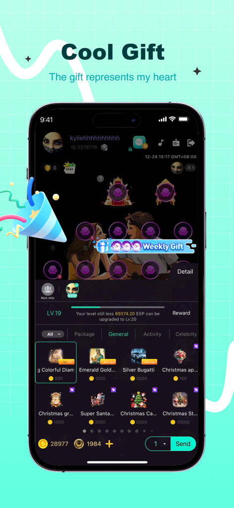 Interface of the Oohla app showing virtual gifts and store with items like a silver car and Christmas icons for voice chat interactions