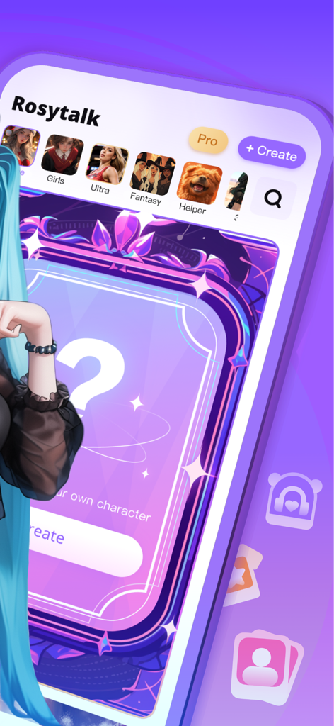 Rosytalk-RP lover AI character - Interfaz de la aplicación Rosytalk que muestra categorías de personajes de IA y una indicación para crear tu propio personaje