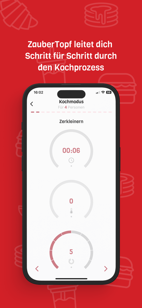 Schermata mobile dell'app ZauberTopf che mostra istruzioni di cottura passo-passo con un timer per tritare.
