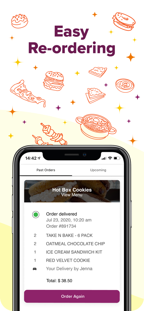 Easy Eats Delivery Service - Easy Eats app interface showing past order details and a purple Order Again button