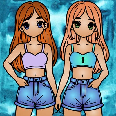 two sisters with crop tops and jean shorts and straight hair