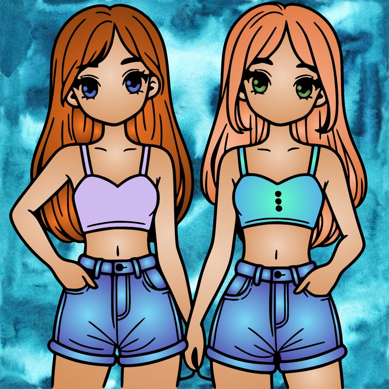 two sisters with crop tops and jean shorts and straight hair