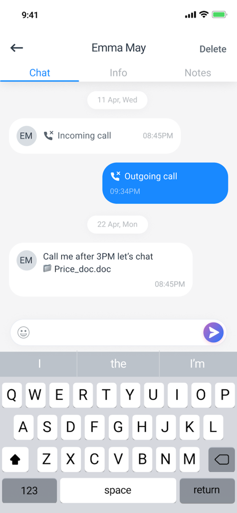Smarter Contact - Smarter Contact app chat screen showing message history and call logs with a business contact.
