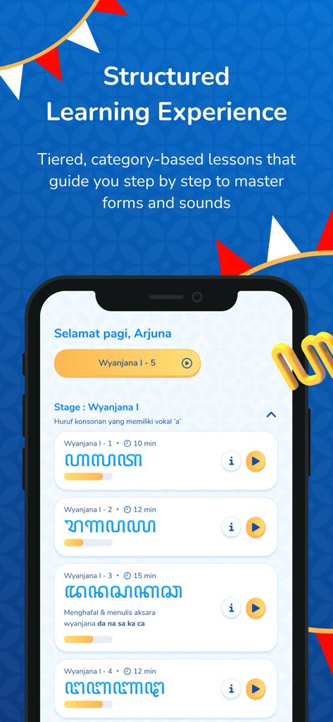 Aksaraya app interface showing tiered modules for learning Javanese script characters