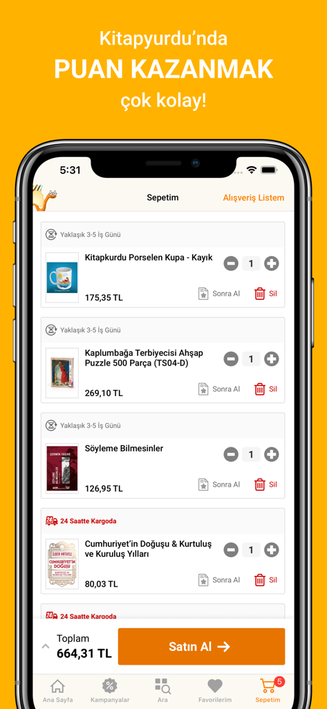 Shopping cart screen of Kitapyurdu app with books and cultural items