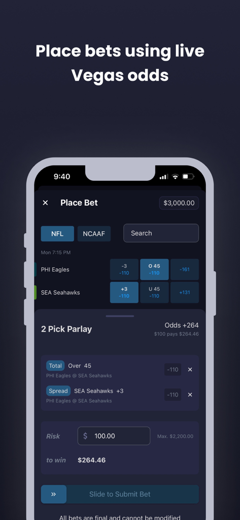 Mobile app interface for placing a parlay bet using live Vegas odds.