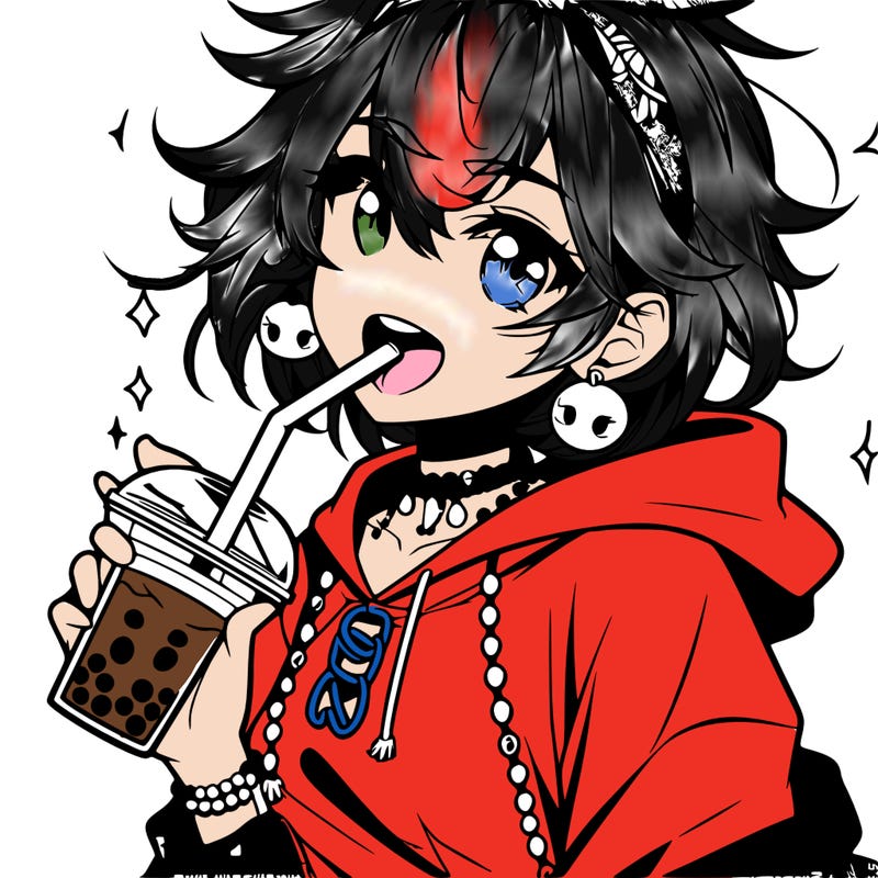 hot baddie anime girl drinking boba and biting the straw