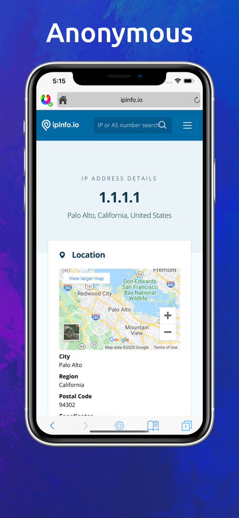 UPX Private Browser - Una pantalla de smartphone que muestra el Navegador Privado UPX mostrando una dirección IP y ubicación anónimas en ipinfo.io