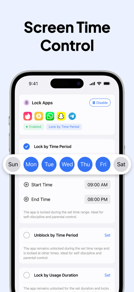 Super App Lock: Lock Apps - Interface of Super App Lock app showing scheduled screen time control and app locking settings.