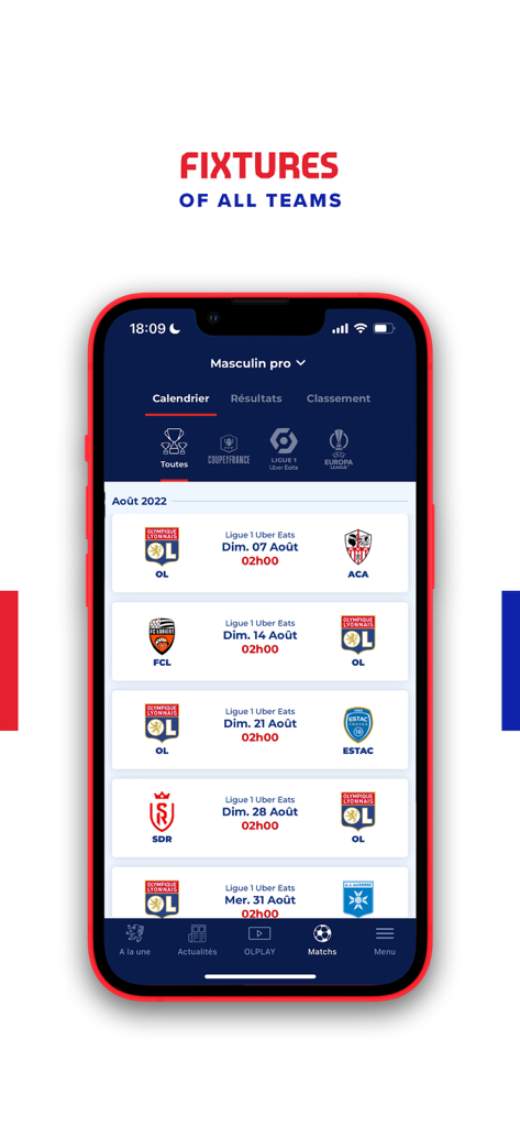 OLPLAY - Olympique Lyonnais - Mobile App-Oberfläche mit einer Liste bevorstehender Fußballspielpläne für Olympique Lyonnais.
