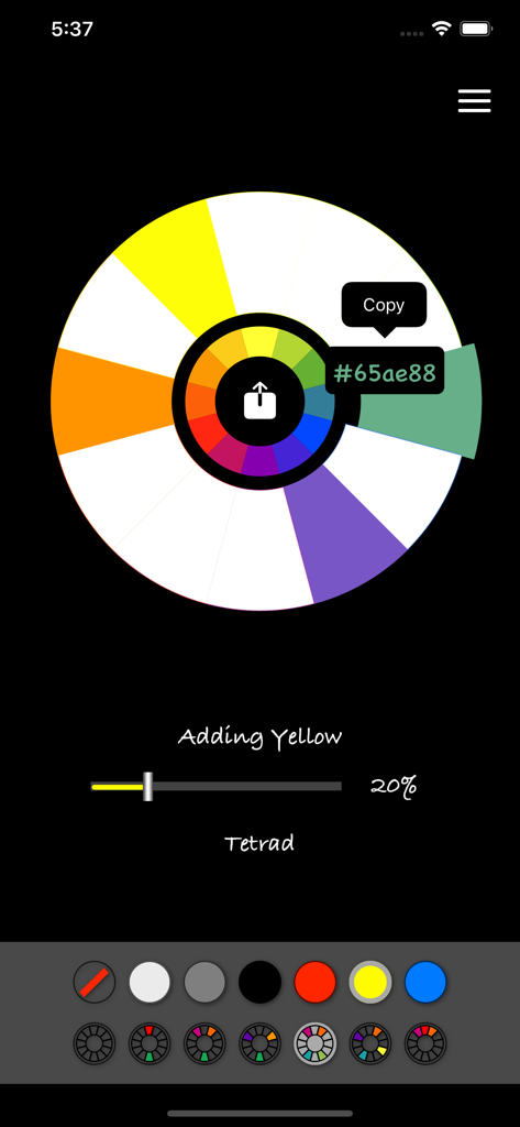 Interface do aplicativo Pocket Color Wheel exibindo um código hex e um esquema de cores tetrádico.
