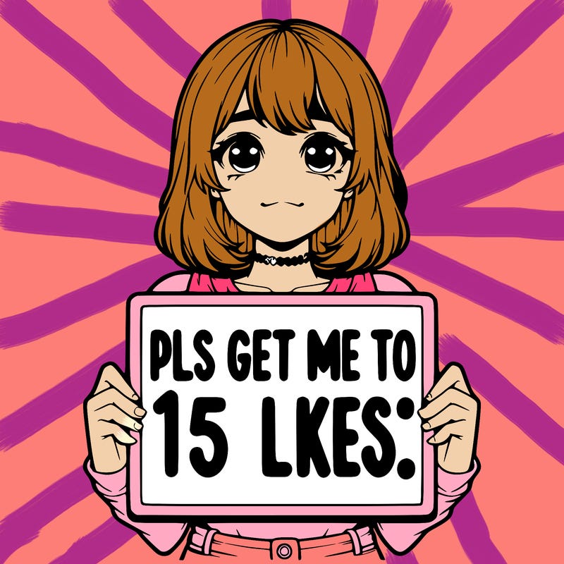 realistic girl holding up a sign that says “pls get me to 15 likes!”