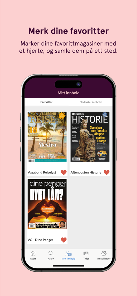 Magasin plus app favorites screen showing Norwegian magazine covers