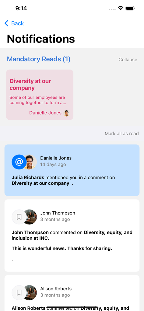 my intranet by Interact - Interact intranet app notifications screen featuring mandatory reads and employee comments