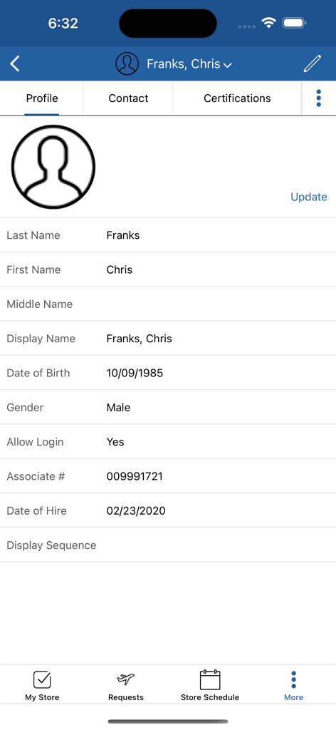 User profile screen in SM 45 Zebra app displaying employee information