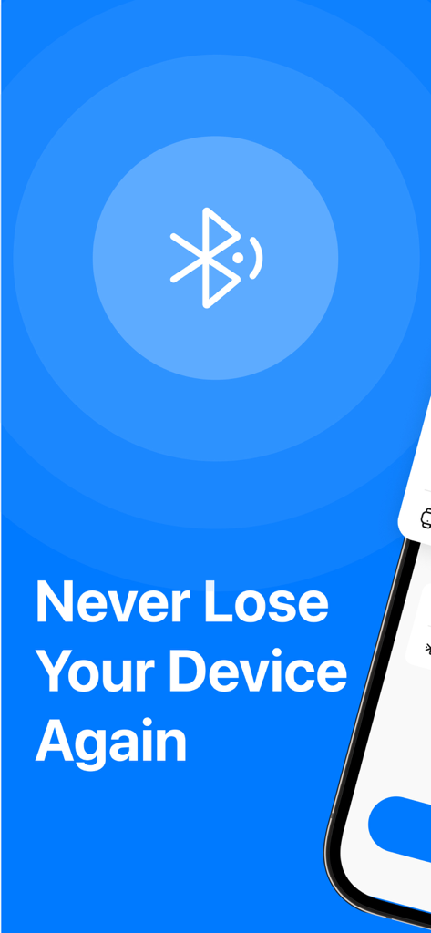 Tag Tracker & Pods Air Finder - Tag Tracker and Pods Air Finder app splash screen with a Bluetooth symbol and the text Never Lose Your Device Again
