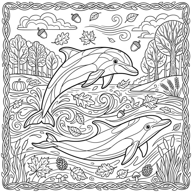 Celebrate the beauty of autumn with this delightful coloring page featuring playful bottlenose dolphins. Explore a whimsical fall landscape filled with seasonal elements, ready for your creative touch.