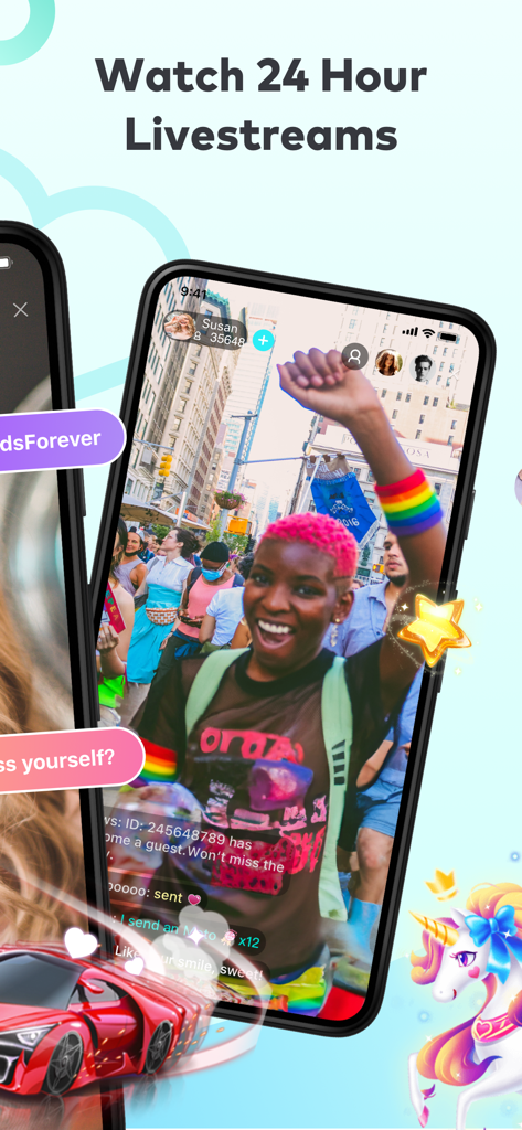 A woman with pink hair live streaming an outdoor event on BIGO LIVE showing virtual gifts and real-time chat