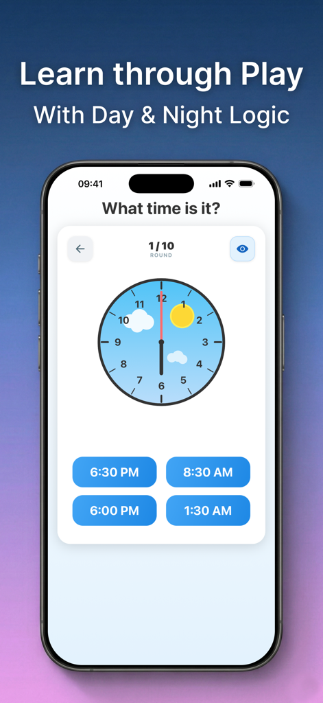 Klokko app showing an analog clock with day and night icons for learning time