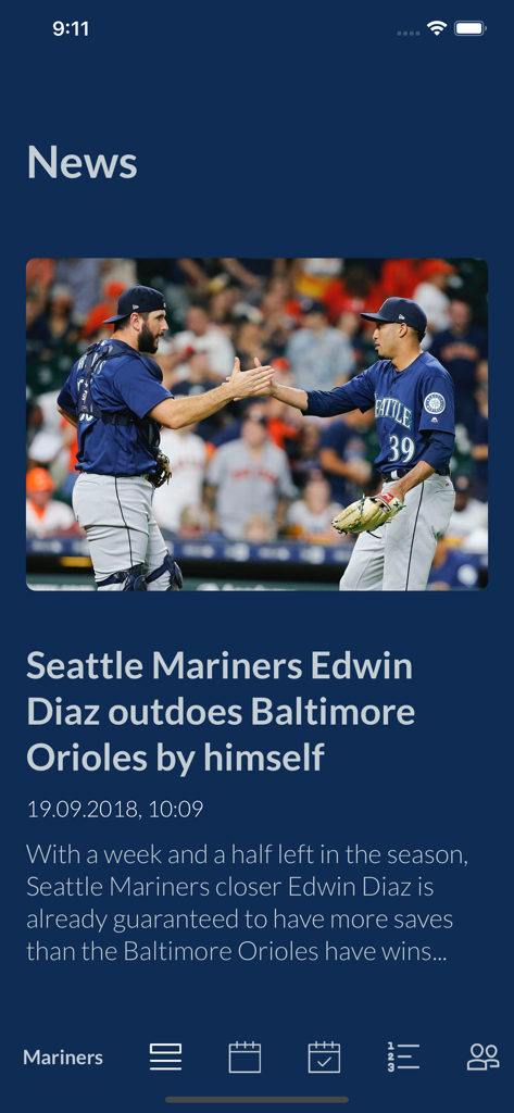 Go Sports News - Artículo de noticias de última hora sobre los Seattle Mariners en la interfaz de la aplicación Go Sports News.