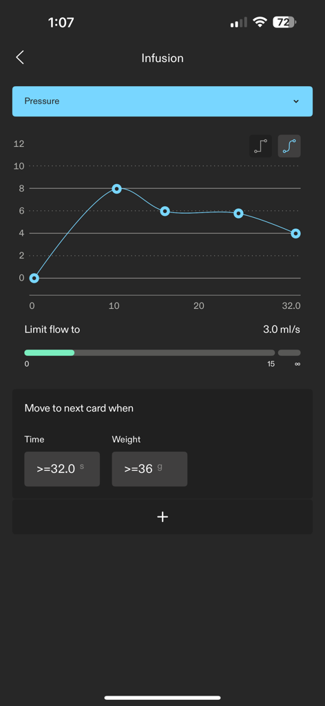 Meticulous - Meticulous App-Oberfläche mit einem Espresso-Infusionsdruckdiagramm und Durchflussrateneinstellungen