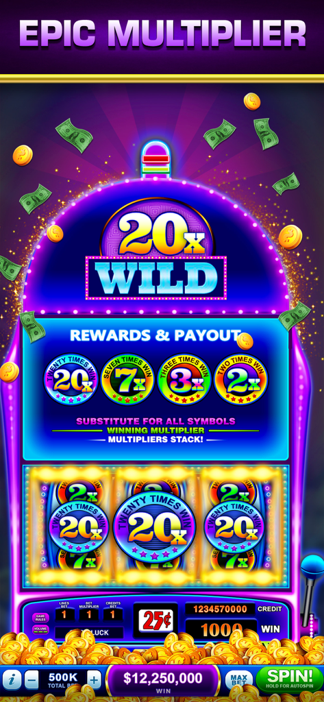 飛行する金貨と現金とともに、壮大な20倍ワイルドマルチプライヤーを示すモバイルカジノゲーム画面