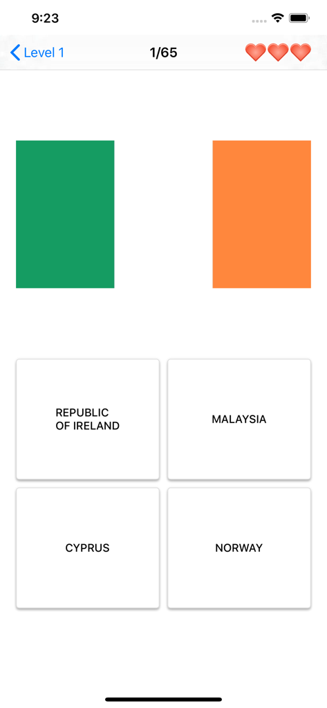 Flags of the world - Quiz - Multiple choice geography quiz screen showing the flag of Ireland with four country options
