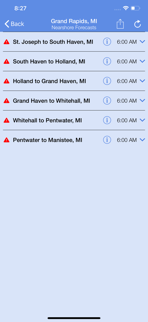 Interface of Nearshore app displaying a list of marine weather forecasts and alerts for coastal regions in Michigan.