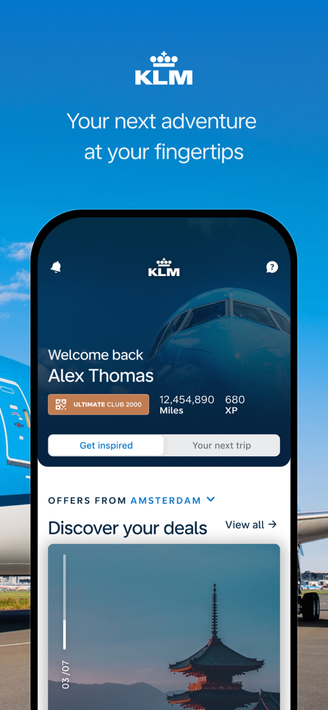 Pantalla de inicio personalizada de la app KLM que muestra el estado de fidelidad del usuario y ofertas de vuelos