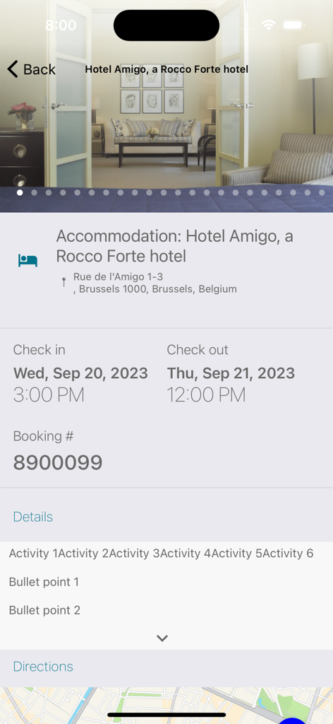 Travel Managers New Zealand - Mobile app screen showing detailed hotel reservation information including check-in dates and booking number.