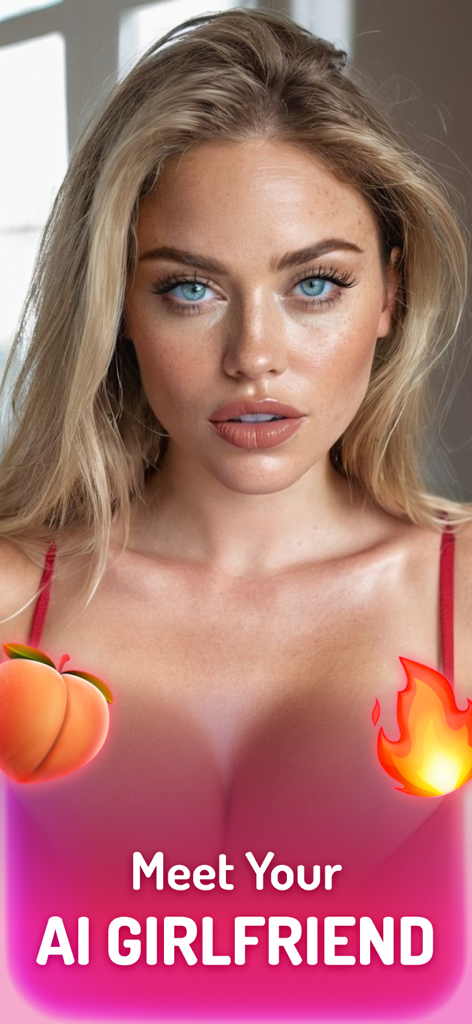AI Girlfriend Chat: Jessy - A close-up of a realistic blonde woman with blue eyes and the promotional text Meet Your AI Girlfriend.