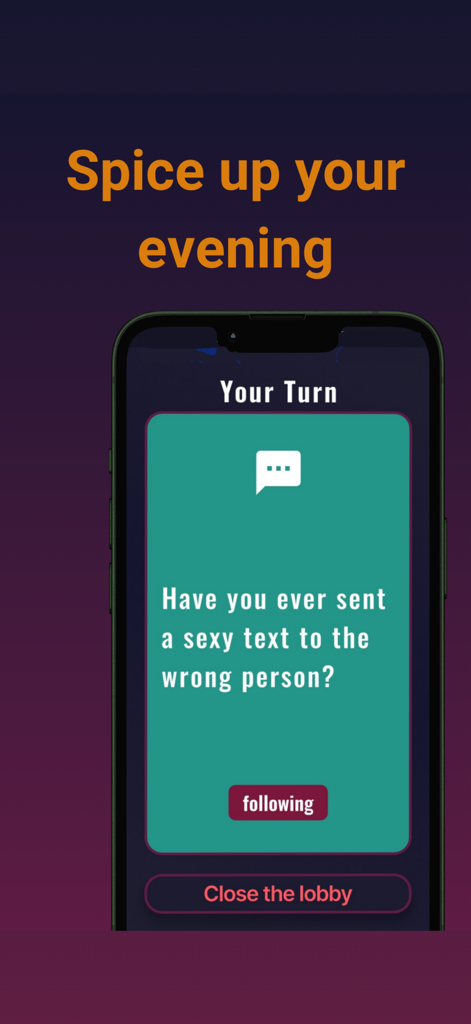 NightPlay app screenshot showing a spicy truth or dare question for parties.