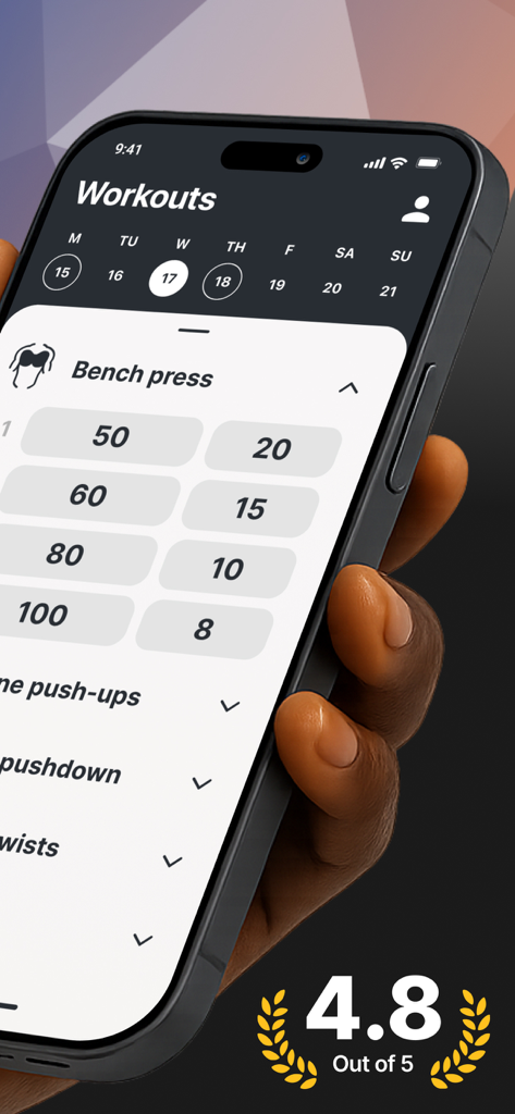 Gym Tracker simple workout log - Interfaz de la aplicación de registro de entrenamiento minimalista Gym Tracker en iPhone que muestra el registro de entrenamiento de press de banca y una alta calificación de usuario.