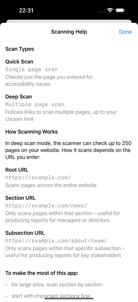 Scanning help screen showing instructions for quick and deep accessibility scans on different URL levels.