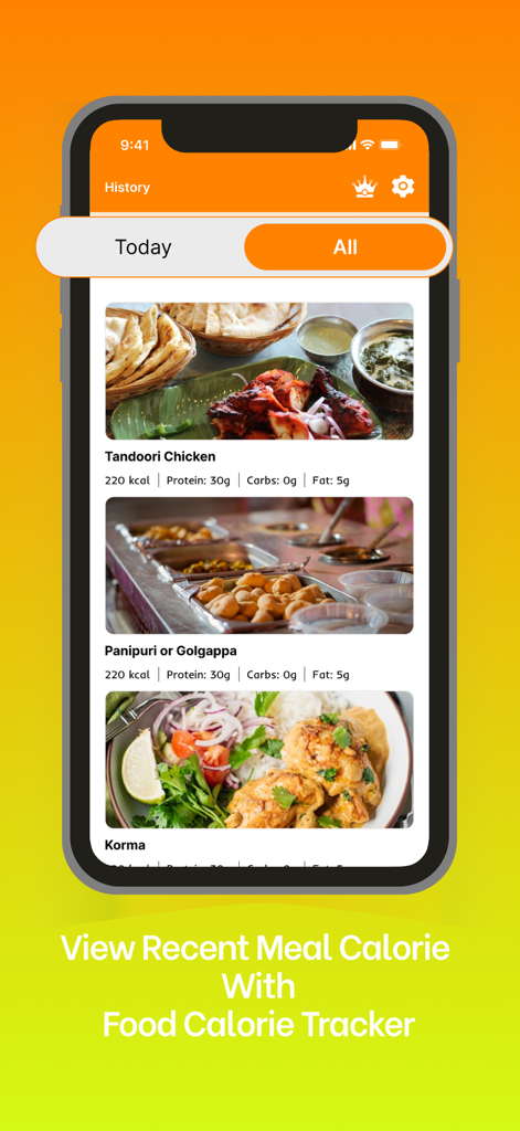 Cal Diet - AI Calorie Tracker - Mobile app screen showing a history of logged meals with photos and calorie counts